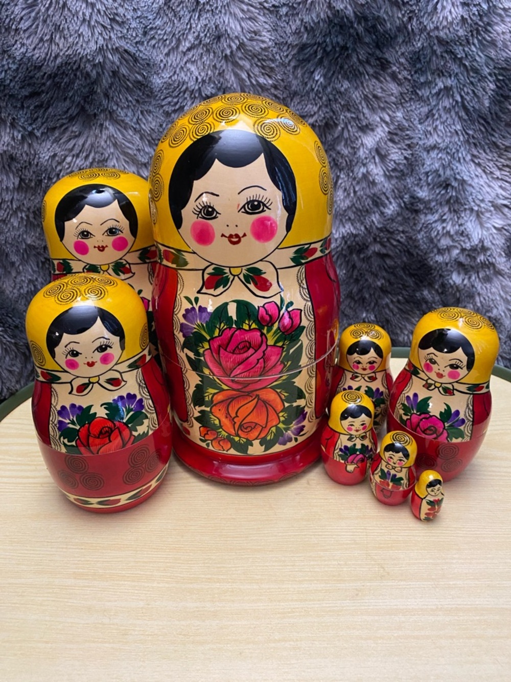 Hand-Painted Russian Matryoshka Doll in Red, Yellow, Pink. Set of 8 dolls